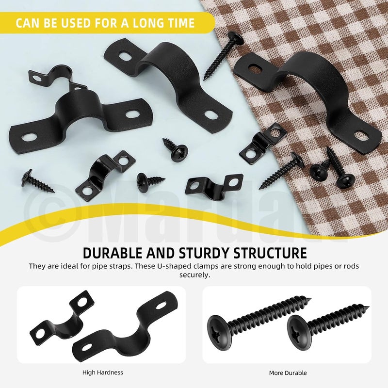 Mardatt 10 Set 3/4”(20mm) Two Hole Pipe Strap Clamp, Carbon Steel Rigid U Bracket Clamps U-Tube Strap Clamp Conduit Clamps with Self-Tapping Screws for Pipe Fixing, Black - Image 3